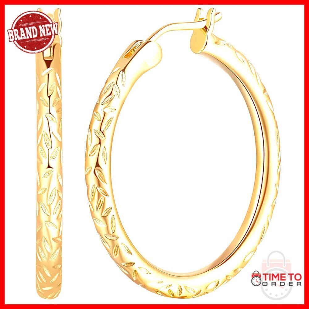 14K Gold Plated Hoop Earrings 30mm Hypoallergenic French Wire Back